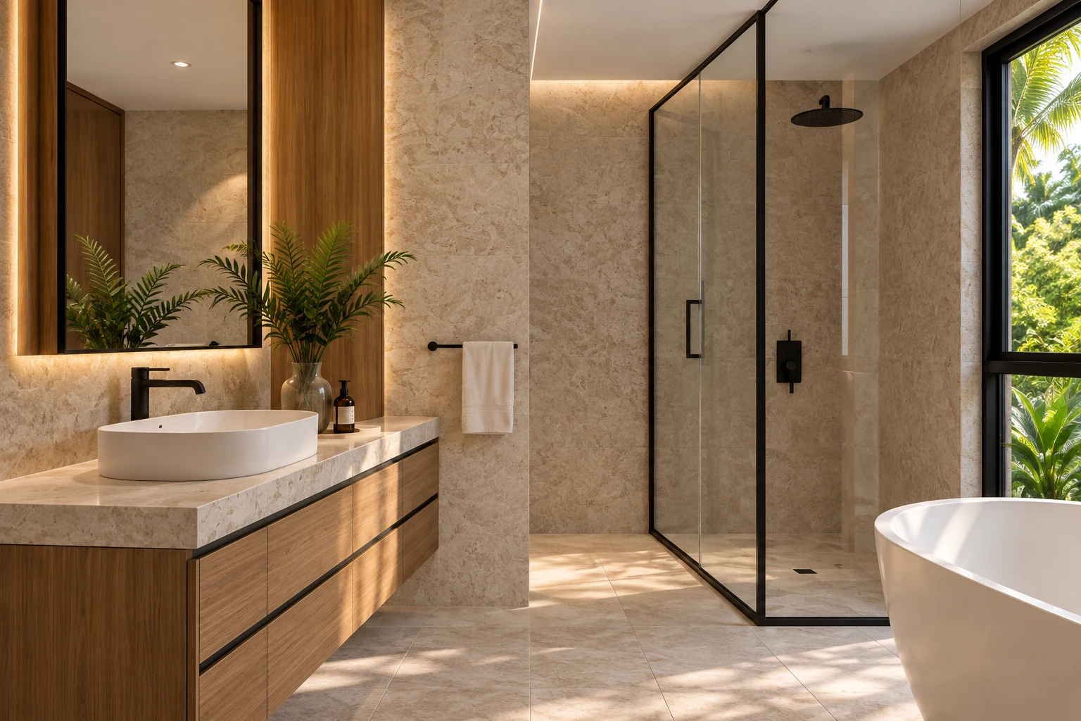 Illustrative bathroom with oak vanity, stone walls and a glass shower