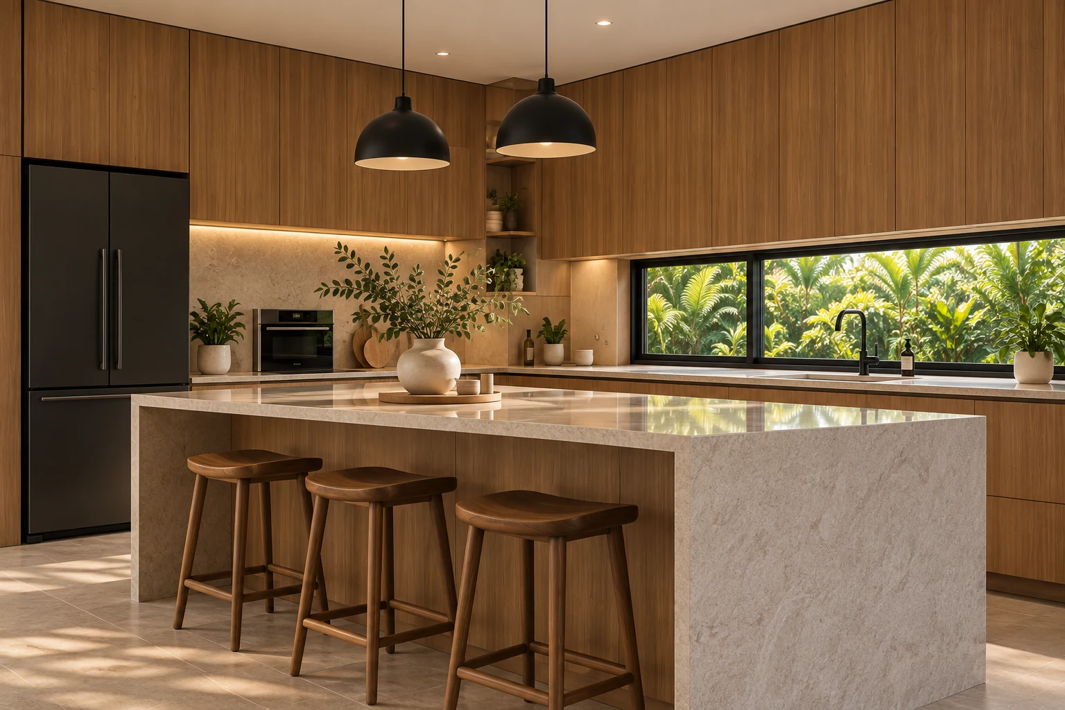 Illustrative kitchen with warm oak cabinetry and a stone island