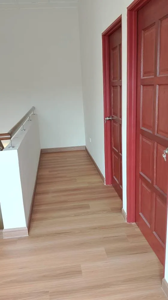 Wood floor landing red doors