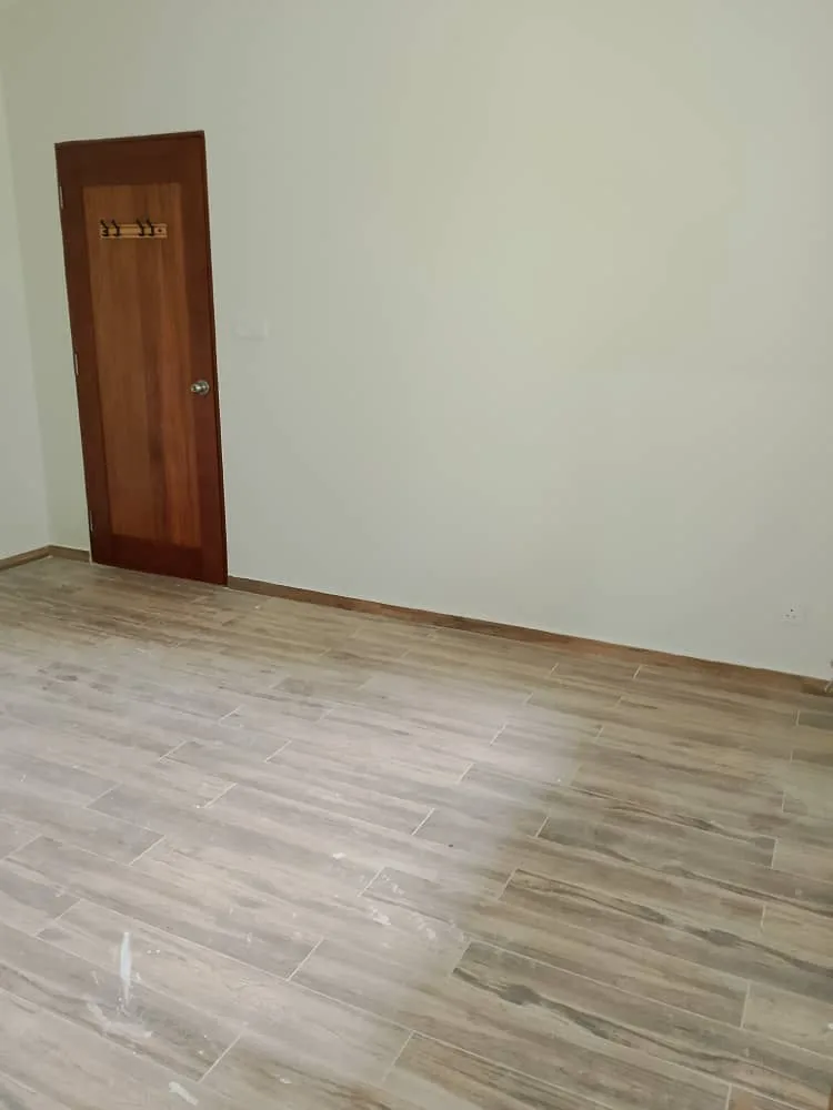 Wood look floor bedroom brown door
